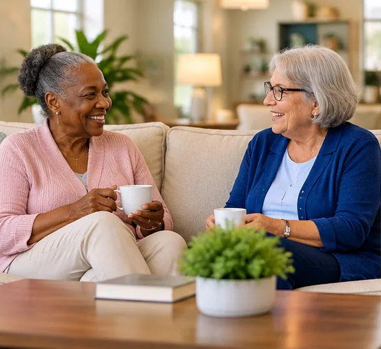 Two senior women enjoying coffee together